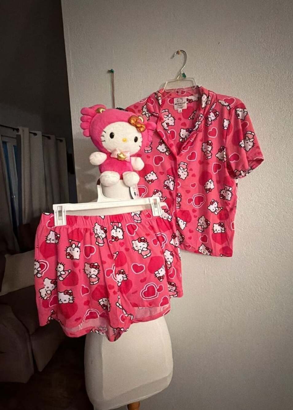 Bundle Hello Kitty Pajama Set Size S Pink Hearts Shorty PJs & plush doll